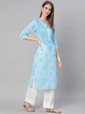 Sky-blue hand woven georgette chikankari-kurtis 4
