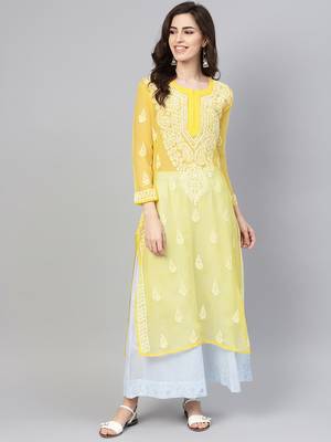 Yellow hand woven georgette chikankari-kurtis 1