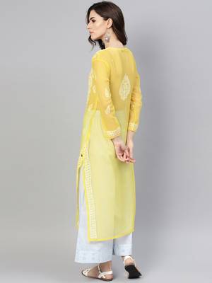 Yellow hand woven georgette chikankari-kurtis 2