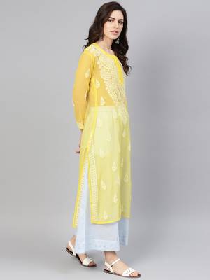Yellow hand woven georgette chikankari-kurtis 3