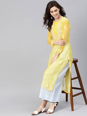 Yellow hand woven georgette chikankari-kurtis 4