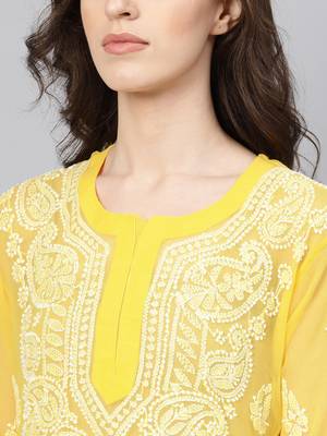 Yellow hand woven georgette chikankari-kurtis 5