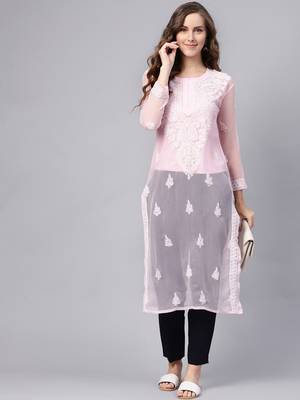 Pink hand woven georgette chikankari-kurtis 1