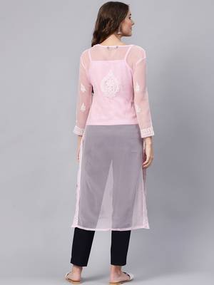 Pink hand woven georgette chikankari-kurtis 2