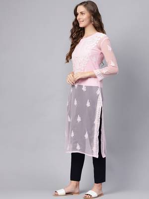 Pink hand woven georgette chikankari-kurtis 3