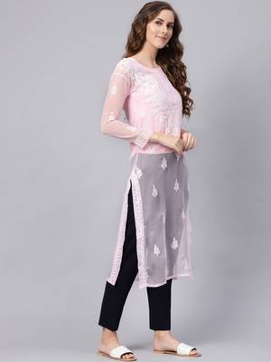 Pink hand woven georgette chikankari-kurtis 4