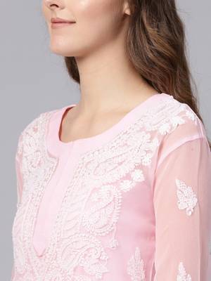 Pink hand woven georgette chikankari-kurtis 5
