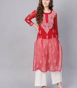 Red hand woven georgette chikankari-kurtis