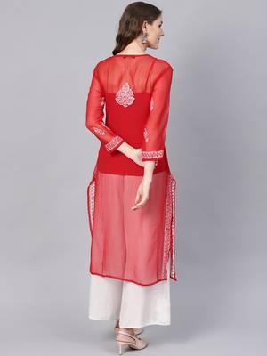 Red hand woven georgette chikankari-kurtis 2