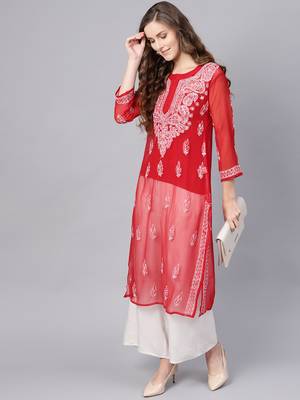 Red hand woven georgette chikankari-kurtis 3