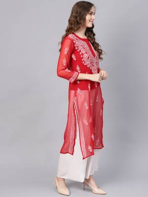 Red hand woven georgette chikankari-kurtis 4