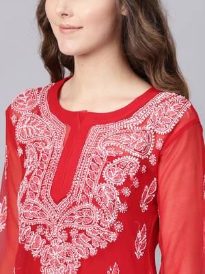 Red hand woven georgette chikankari-kurtis 5