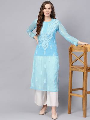 Blue hand woven georgette chikankari-kurtis 1