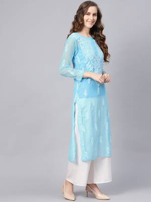 Blue hand woven georgette chikankari-kurtis 3