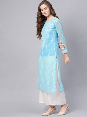 Blue hand woven georgette chikankari-kurtis 4