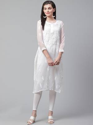White hand woven georgette chikankari-kurtis 1
