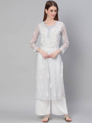 Grey hand woven georgette chikankari-kurtis 1