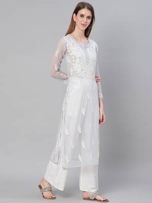Grey hand woven georgette chikankari-kurtis 3