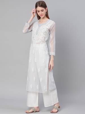 Grey hand woven georgette chikankari-kurtis 4