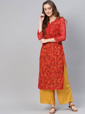 Red hand woven georgette chikankari-kurtis 1