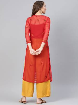 Red hand woven georgette chikankari-kurtis 2