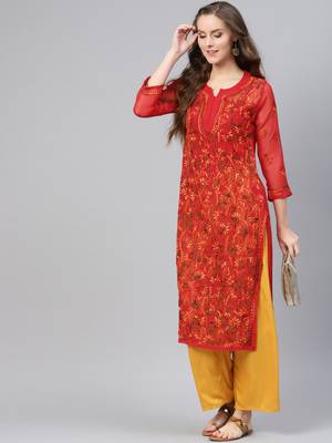 Red hand woven georgette chikankari-kurtis 3