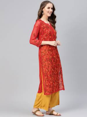 Red hand woven georgette chikankari-kurtis 4