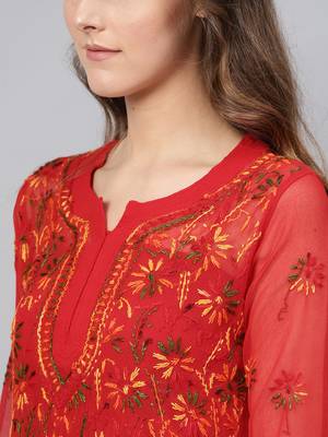 Red hand woven georgette chikankari-kurtis 5