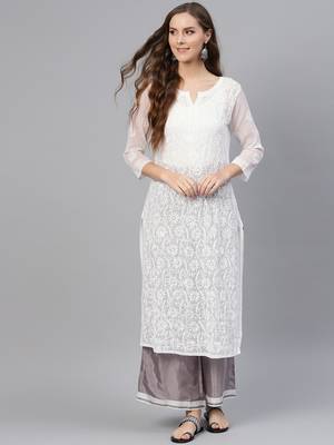 White hand woven georgette chikankari-kurtis 1
