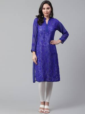 Blue hand woven georgette chikankari-kurtis 1