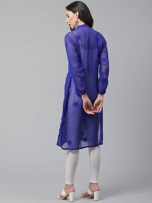 Blue hand woven georgette chikankari-kurtis 2