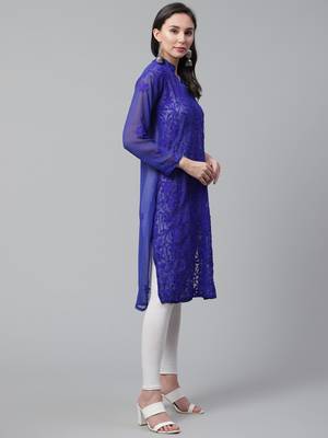 Blue hand woven georgette chikankari-kurtis 3