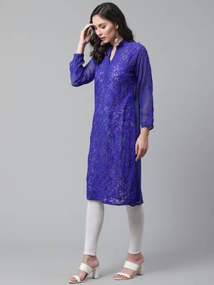 Blue hand woven georgette chikankari-kurtis 4