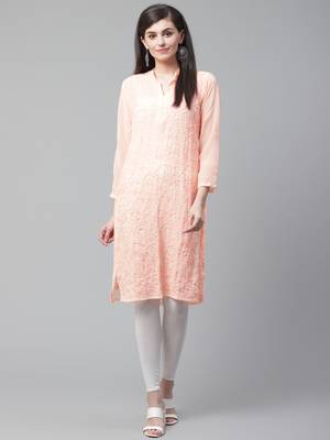 Peach hand woven georgette chikankari-kurtis 1