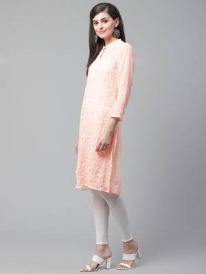 Peach hand woven georgette chikankari-kurtis 3