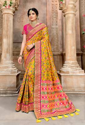 Yellow woven pure silk saree with blouse 1