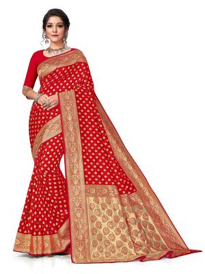 Mehrang Red Woven Banarasi Silk Saree with Blouse  1