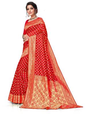 Mehrang Red Woven Banarasi Silk Saree with Blouse  2