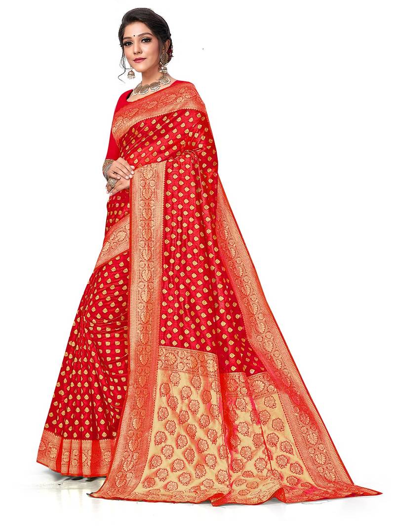 Mehrang Red Woven Banarasi Silk Saree with Blouse 