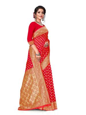 Mehrang Red Woven Banarasi Silk Saree with Blouse  3