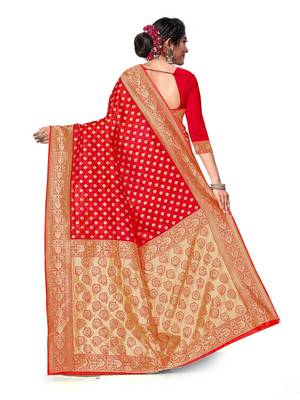 Mehrang Red Woven Banarasi Silk Saree with Blouse  4