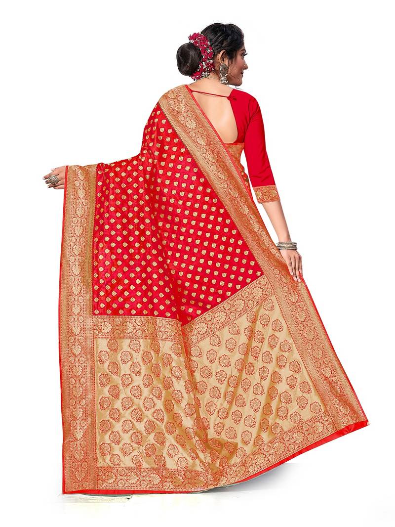 Mehrang Red Woven Banarasi Silk Saree with Blouse 