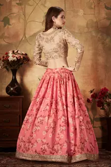 Meghalya Organza Floral Print Embroidered Pink Lehenga Choli Set