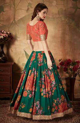 Green & Orange Colored Dori Zari And Sequins Embroidered & Digital Floral Printed Organza Wedding Lehenga Choli 5