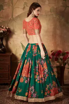 Green & Orange Colored Dori Zari And Sequins Embroidered & Digital Floral Printed Organza Wedding Lehenga Choli
