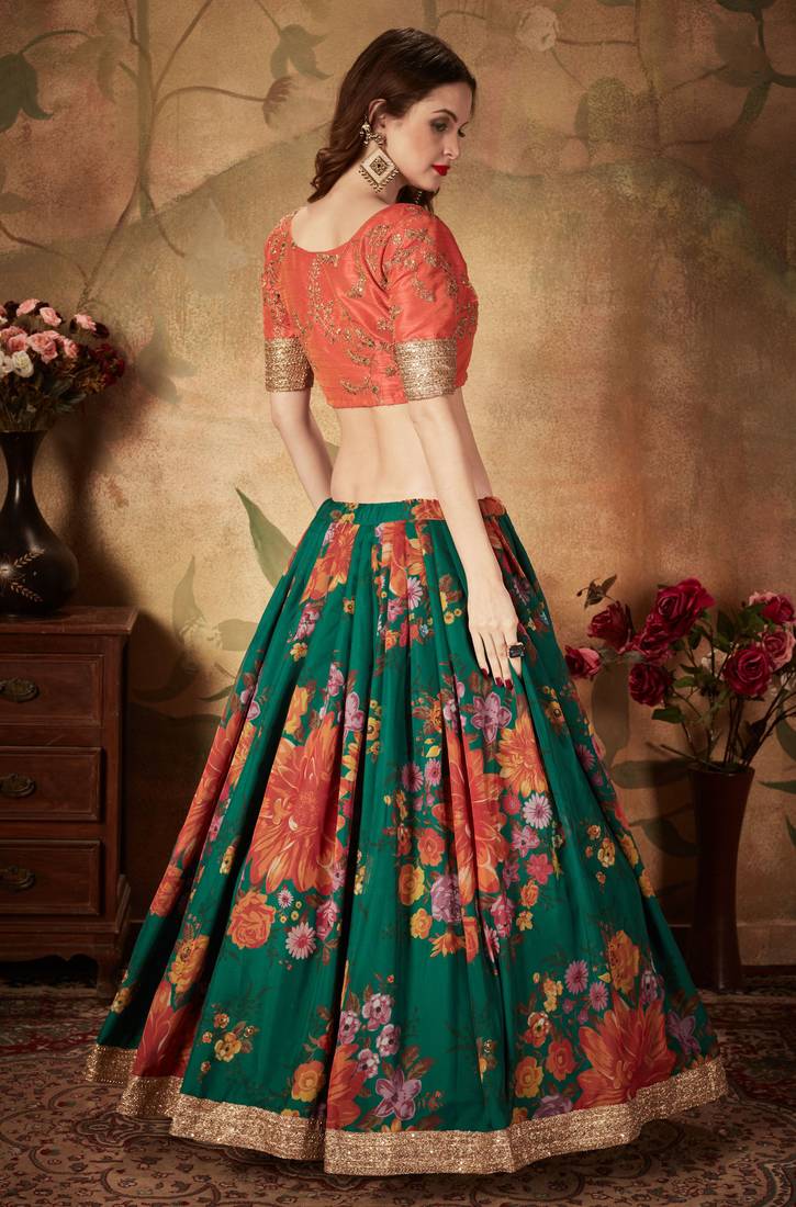 Green & Orange Colored Dori Zari And Sequins Embroidered & Digital Floral Printed Organza Wedding Lehenga Choli