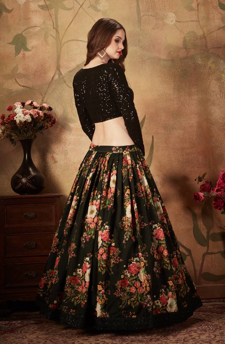 Black Sequins Resham Zari And Dori Embroidered Organza Floral Designer Lehenga Choli