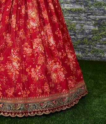 Maroon & Peach Colored Dori Zari And Sequins Embroidered & Digital Floral Printed Organza Party Wear Lehenga 5