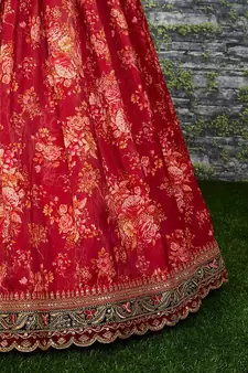 Maroon & Peach Colored Dori Zari And Sequins Embroidered & Digital Floral Printed Organza Party Wear Lehenga