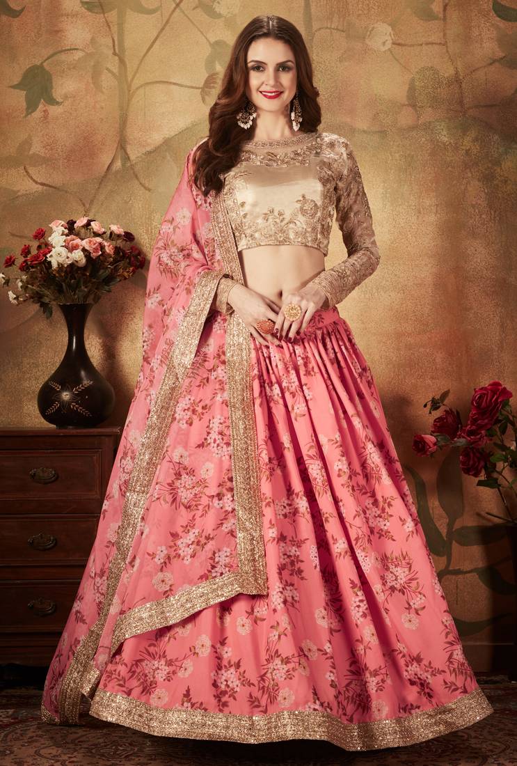 Meghalya Organza Floral Print Embroidered Pink Lehenga Choli Set